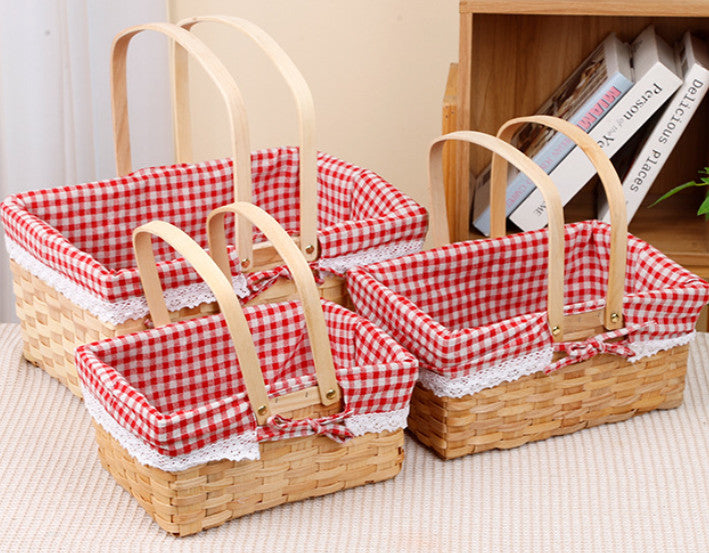 Rectangular Woven Wood-Chip Fruit Basket With Handle Instagram Style