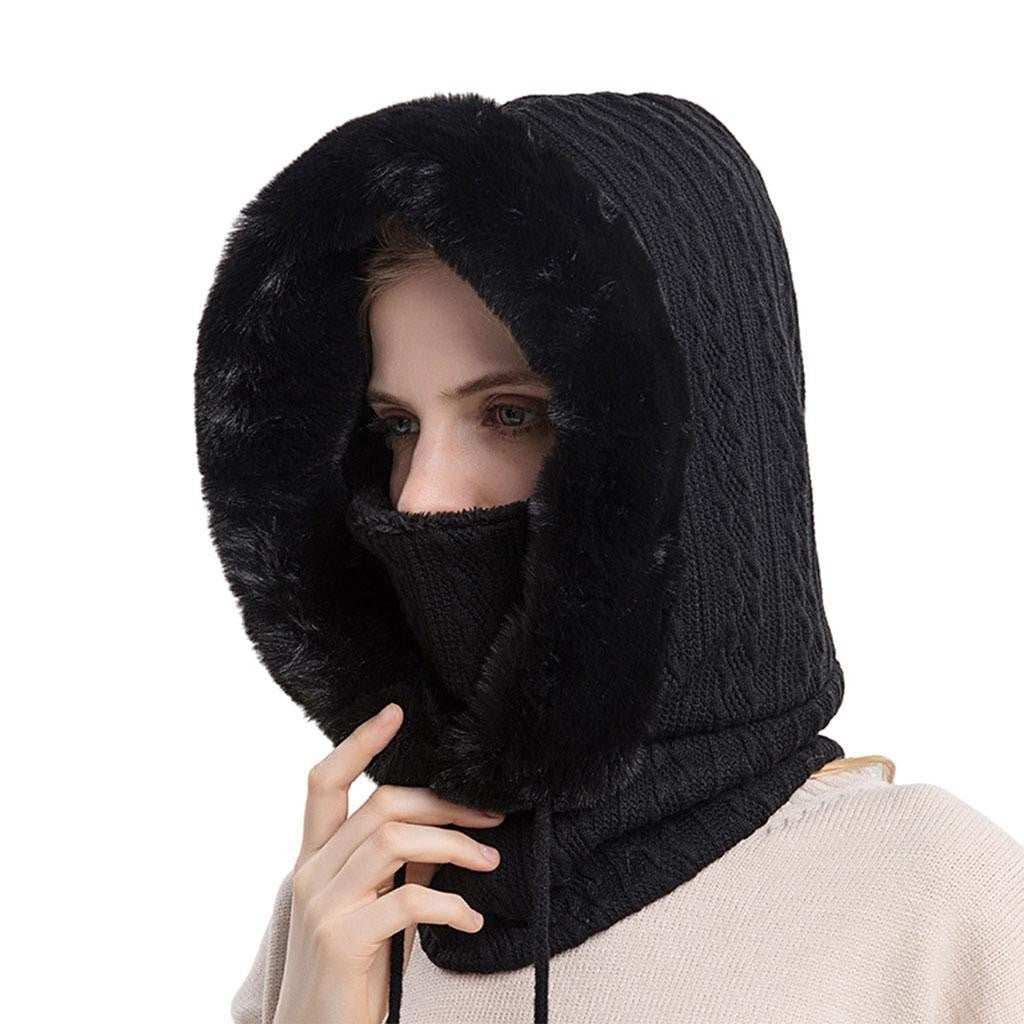 Windproof Hat Scarf Mask Set Winter Womens Hood Fur  Knitted for Camping Ladies