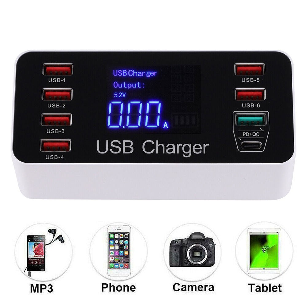 LCD Display Station Hub with UK Plug 8 Multi-Port USB Fast Quick Charger Adapter