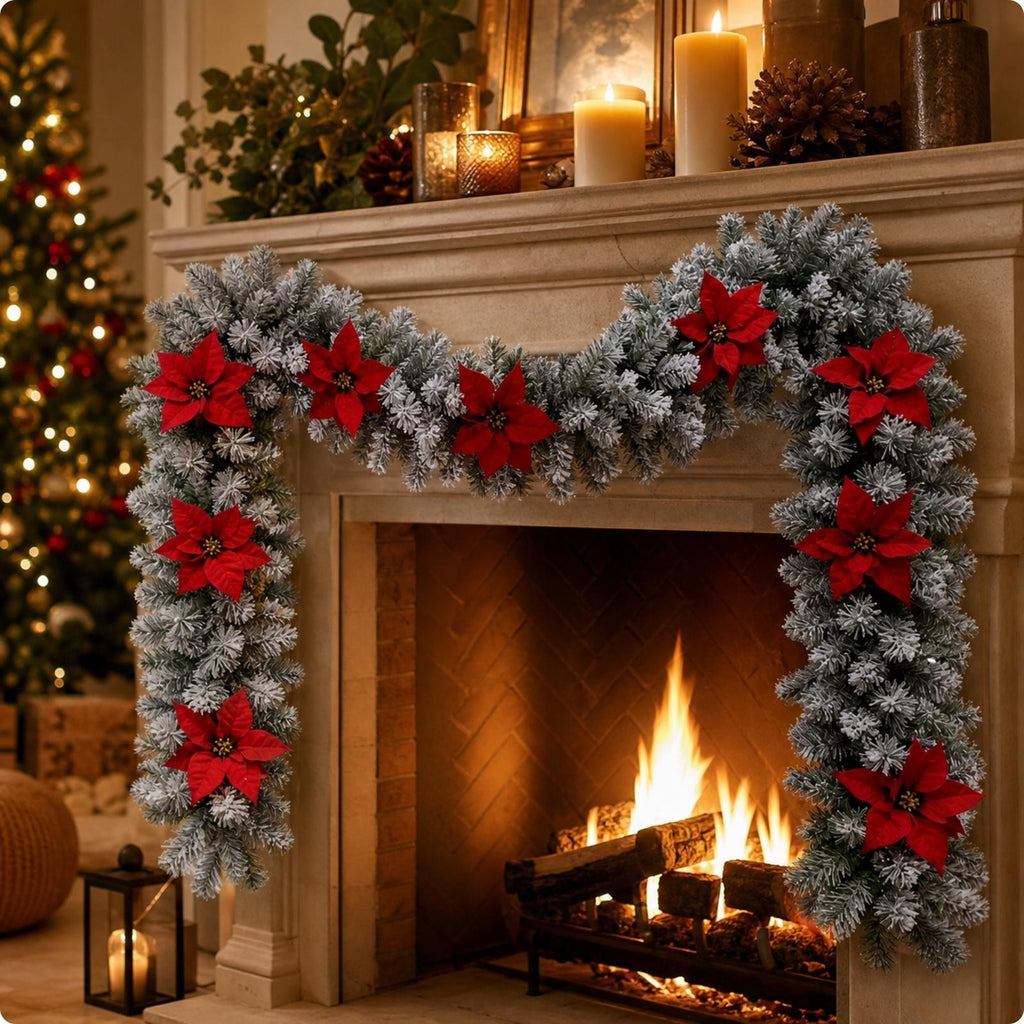 Fir Garland with Poinsettias Winter Decorations Flexible for Mantel