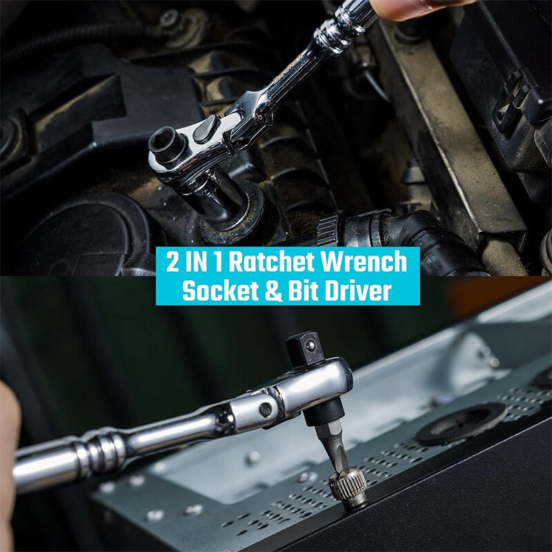 Ratchet Handle Socket Wrench 1/4" Drive 72 Tooth Flexi Head Stubby 115mm Rounded