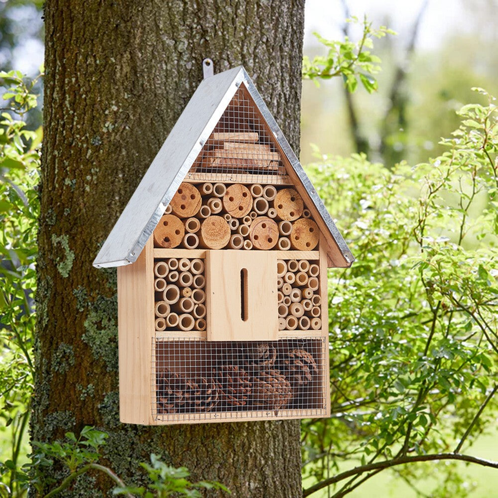Wooden Insect Hotel Metal Roof Nesting Home Bee Keeping Bug Garden Ladybird Box