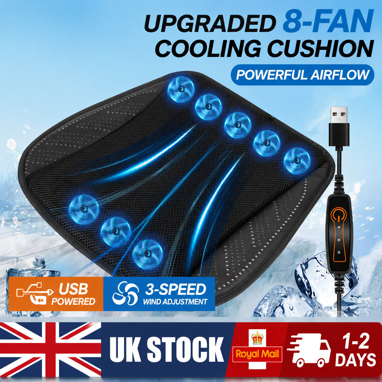 Universal Seat Cooling Cushion USB Fan Ventilated Car Chair Pad 8 Fan 3 Speed