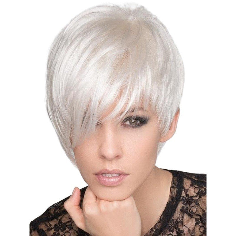 Stylish Silver-white Side-parted Long-bang Short Straight Wig for Ladies
