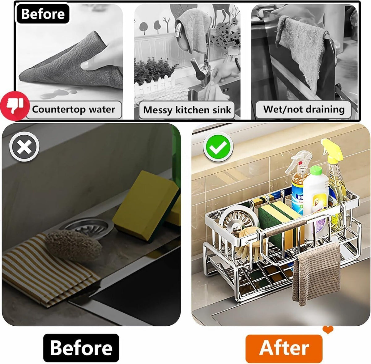 Kitchen Sink Caddy Basket Stainless steel Drain Rack Sponge Dishcloth Holder