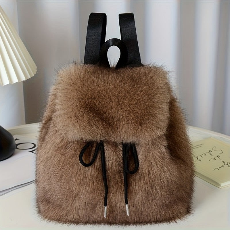 Faux Fur Backpack for Women Casual Drawstring Flap Closure Adjustable Strap Bag