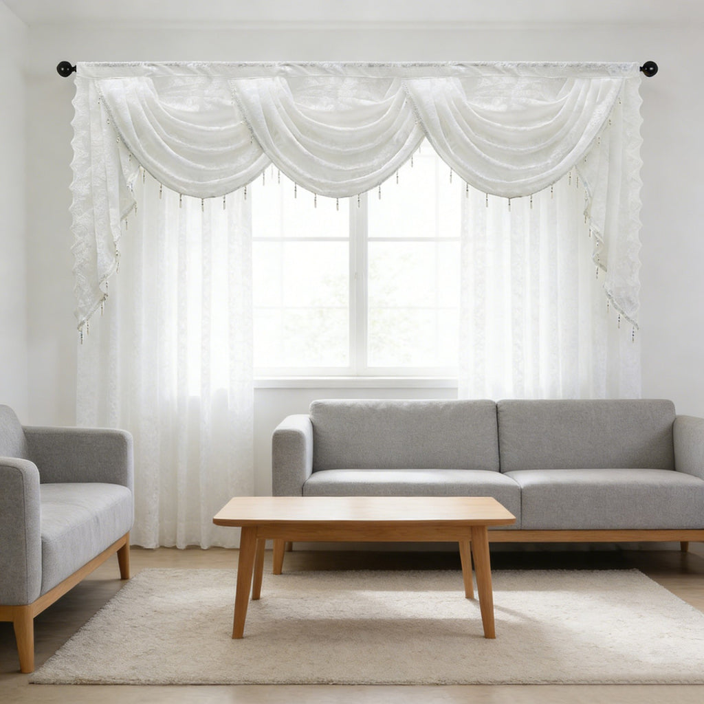 Swag for Windows Waterfall Valance Curtains Beaded Sheer Voile Drapes for Home