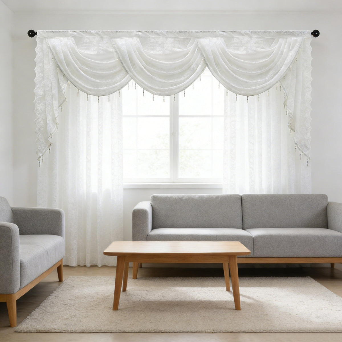 Swag for Windows Waterfall Valance Curtains Beaded Sheer Voile Drapes for Home