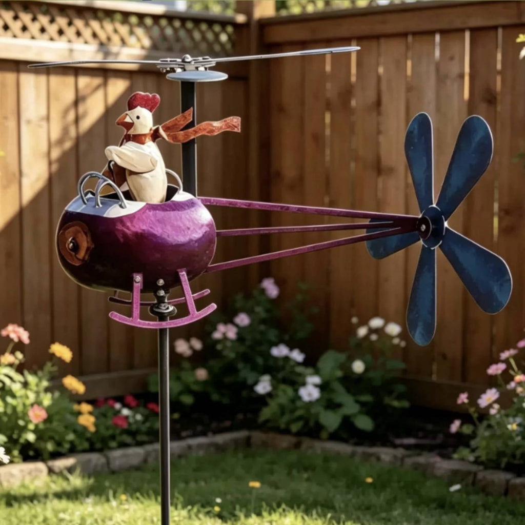 Chicken Helicopter Wind Vane Heavy Duty Metal Garden Wind-Driven Ornament Decor*