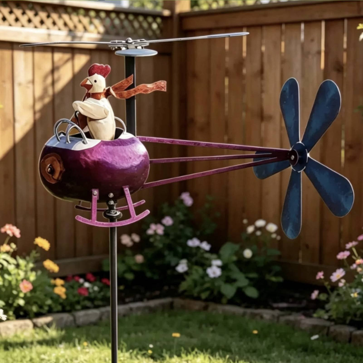 Chicken Helicopter Wind Vane Heavy Duty Metal Garden Wind-Driven Ornament Decor*