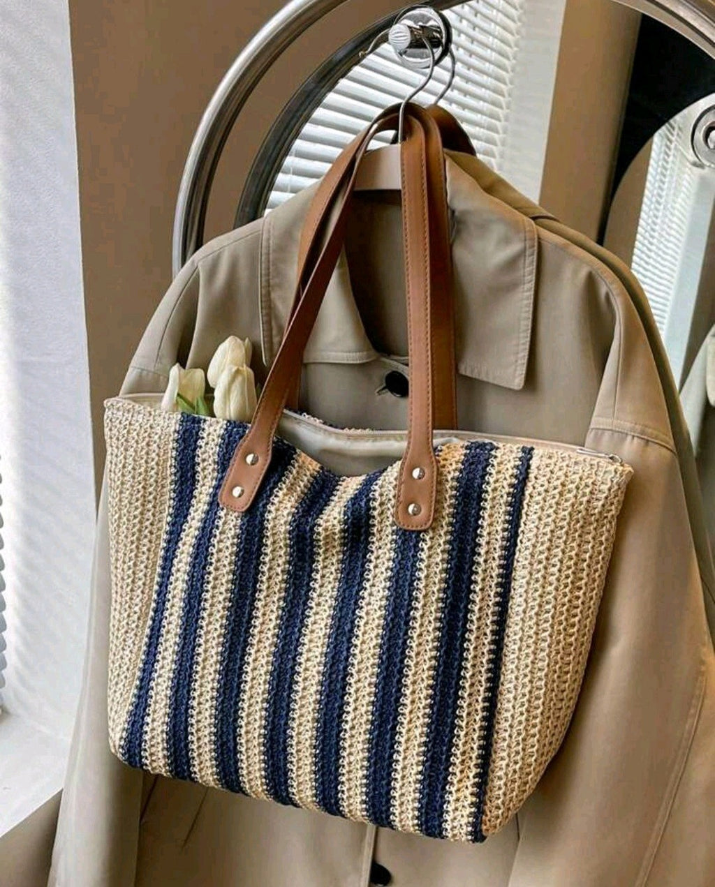 Large Summer Beach Tote Bag Woven Straw Shoulder Women's Bag Holiday Bag