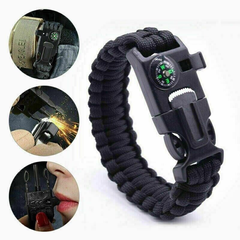 Paracord Bracelet Survival Kits Utility Firestarter Compass Whistle Rope Camping