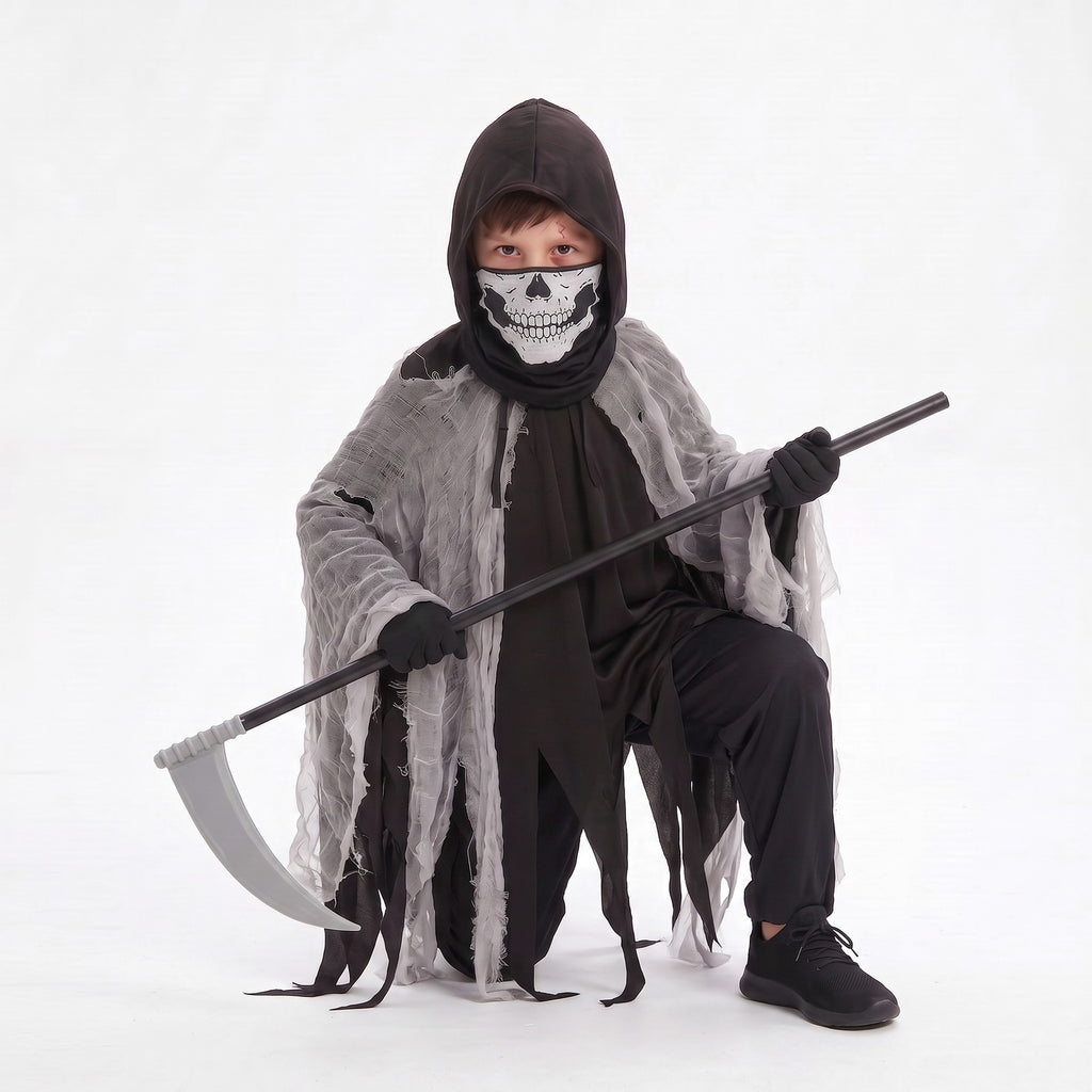2026 New Kids' Death God Costume Mesh Hooded Cape Mask Gloves and Scythe Set UK