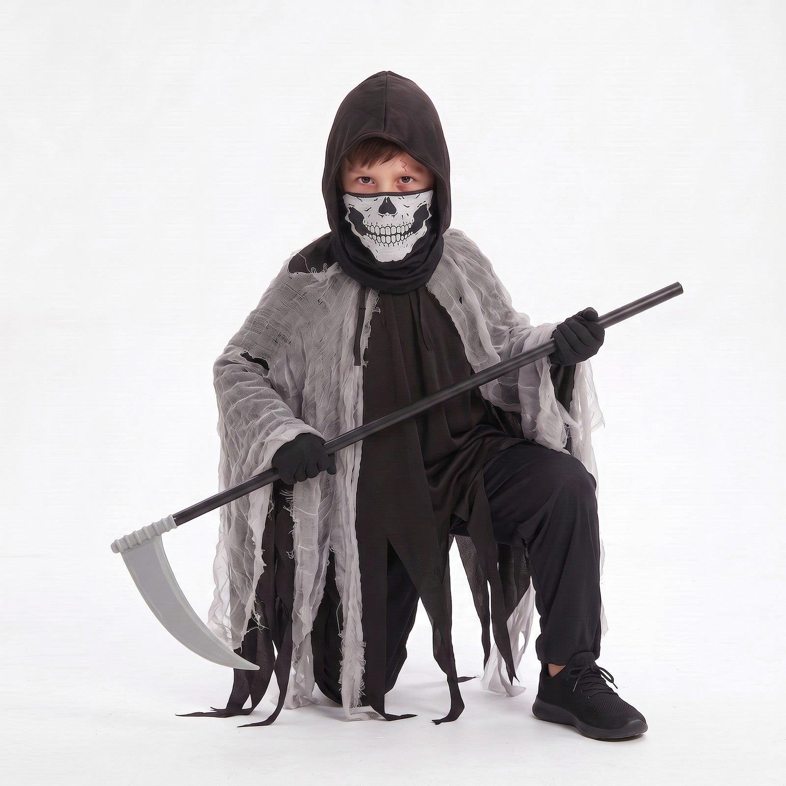 2026 New Kids' Death God Costume Mesh Hooded Cape Mask Gloves and Scythe Set UK