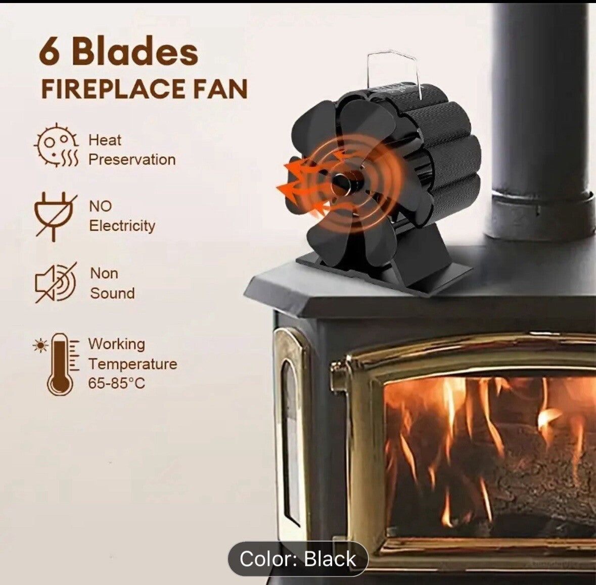 6 Blade Heat Powered Fireplace Fan, Wood Stove Fans with Magnetic Thermometer