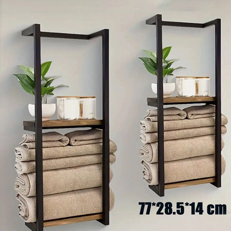 Wall‑Mounted Towel Rack Wooden Shelf Bathroom Storage Holder Towel Organiser