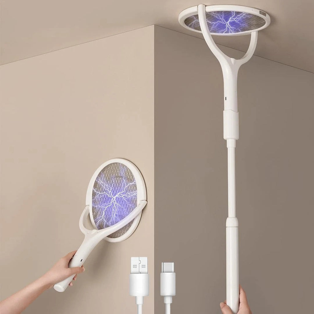 4000V Electric Fly Swatter Racket Rechargeable Bug Zapper Telescopic Extension