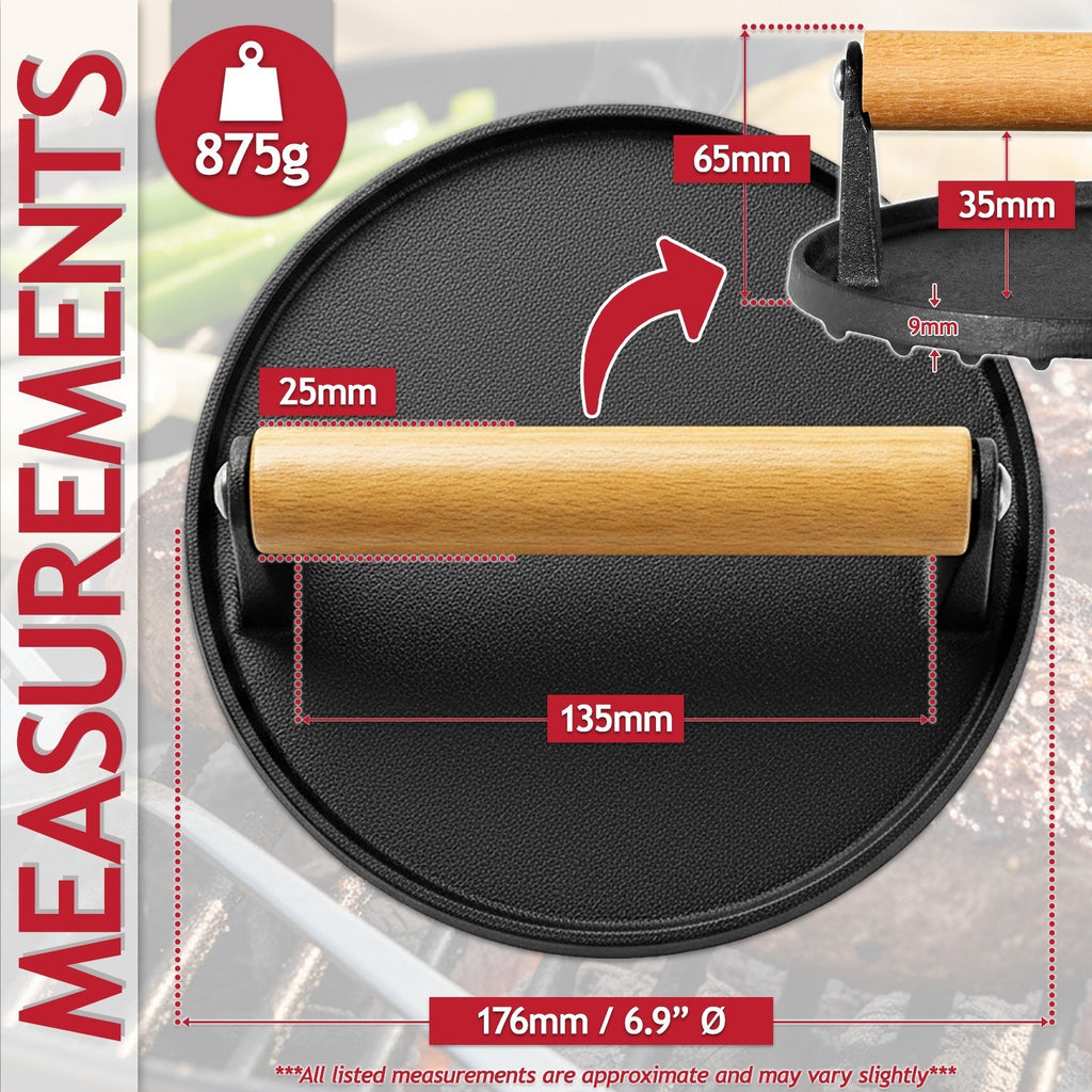 Burger Press Cast Iron 6.9" Heat Resistant Wood Handle BBQ Meat Grill Smash Tool