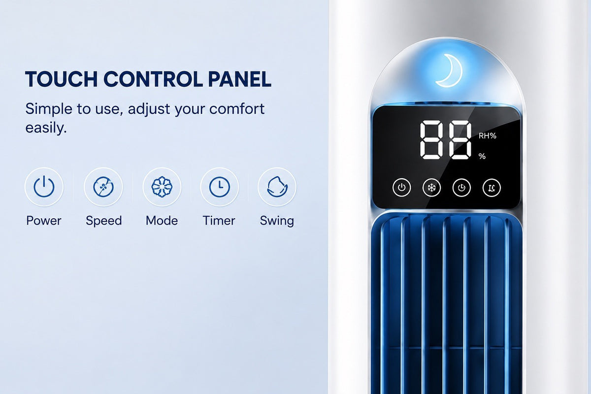 Bladeless Tower Fan Air Conditioning, Cold Fan with Remote Control, 90° White