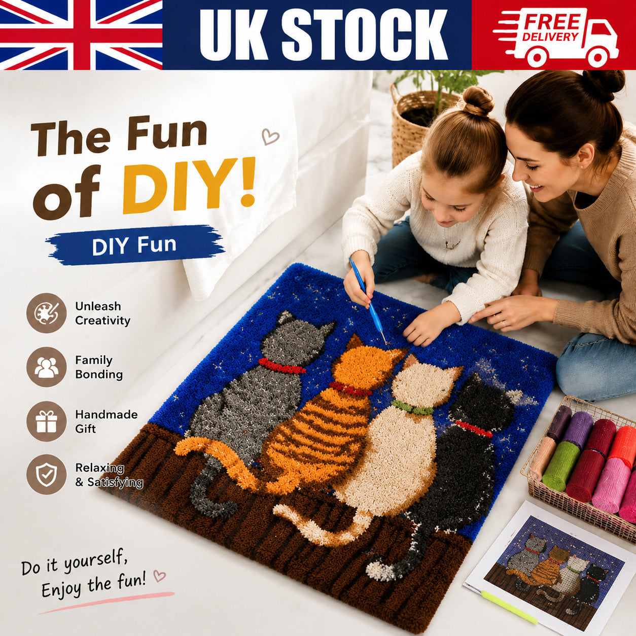 DIY Latch Hook Rug Making Kit, Fun Craft Activity for Kids, Parents & Beginners