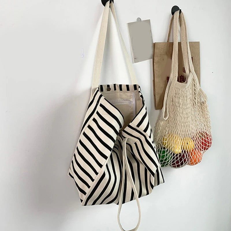 Striped Canvas Beach Tote Women Summer Large Capacity Shopping Shoulder Bag