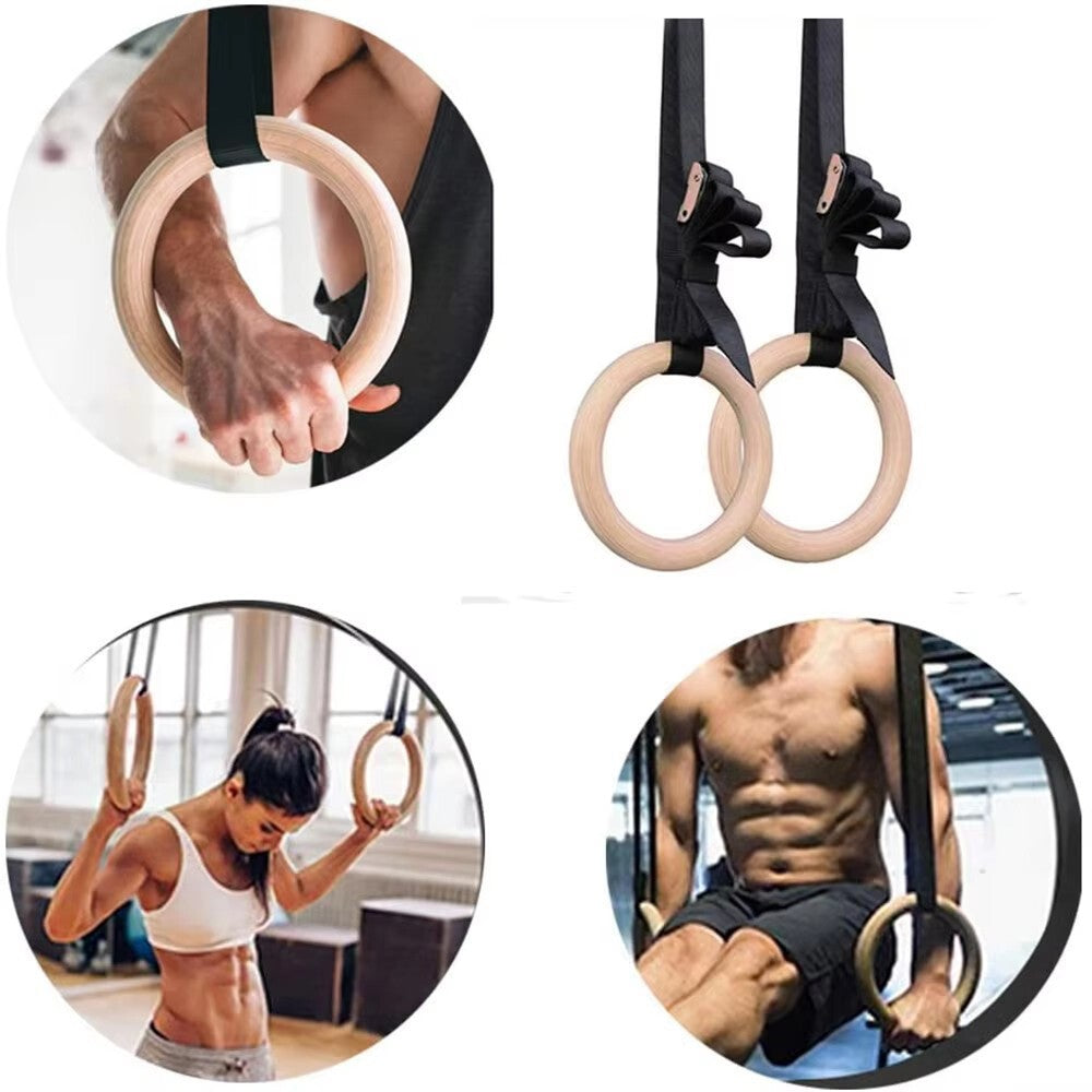 28mm Wooden Gymnastic Ring with Adjustable Buckle Straps Workout Fitness Ring