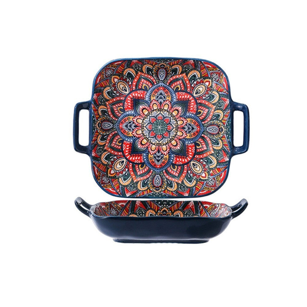 Square Bohemian Ceramic Plate Colorful Salad Dish Dinner Plate Microwave