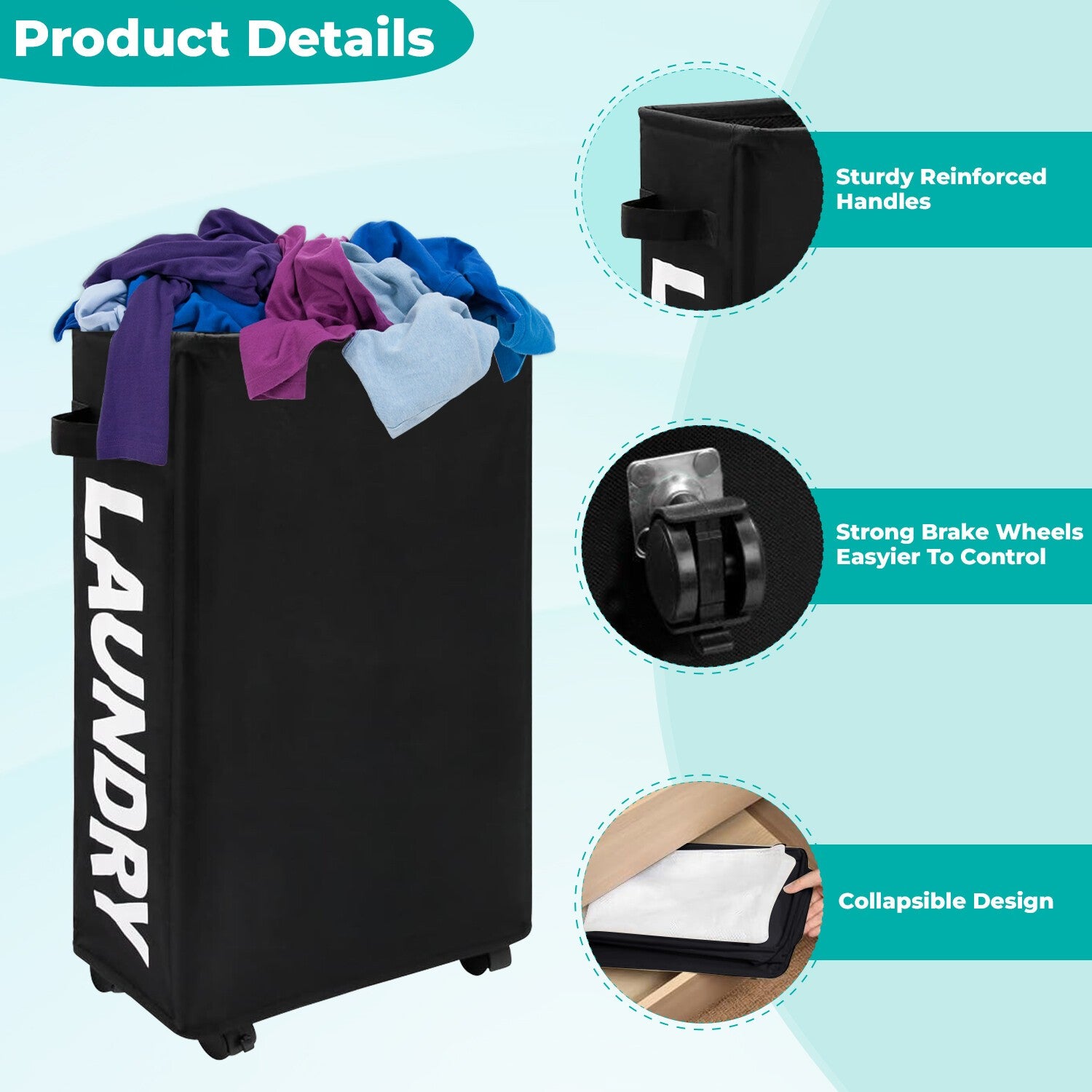 42L Water Resistant Laundry Basket w/Rolling Slim Wheels Foldable Washing Hamper