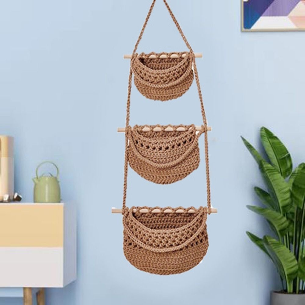 1/3-Tier Macrame Fruit Hammock Storage Basket Hanging Vegetable Holder Pockets