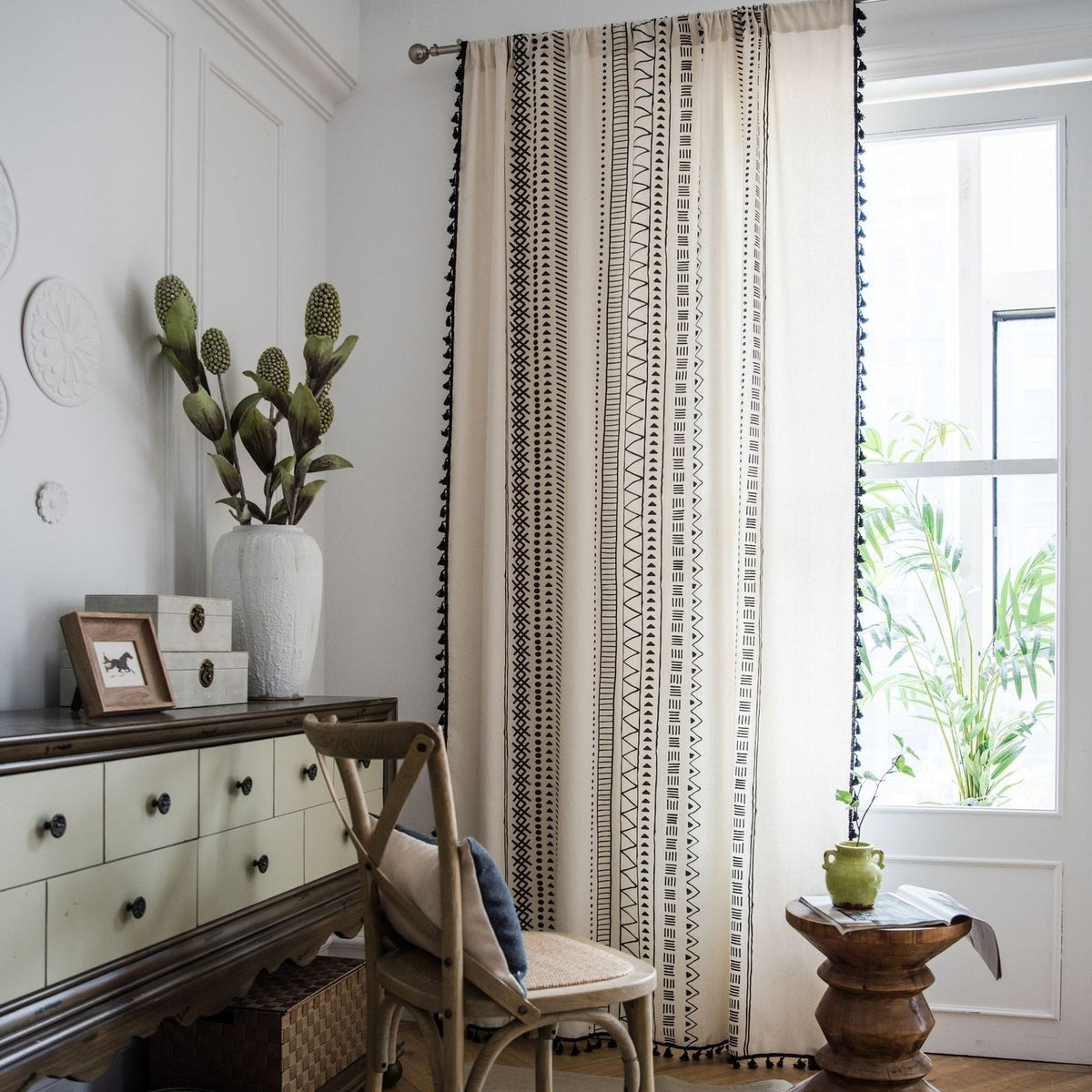 Geometric Tassels Panel Window Curtain Bohemian Cotton Linen Window Drapes