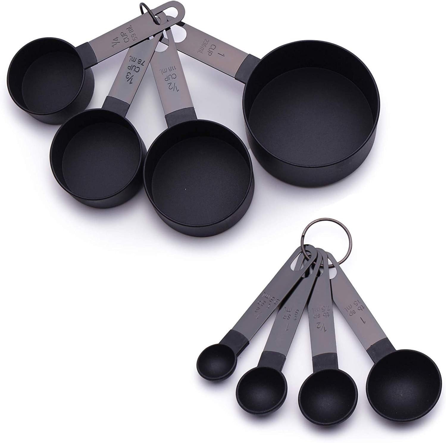 8-Piece Black Measuring Cups & Spoons Set Stainless Steel Handles Baking Cooking