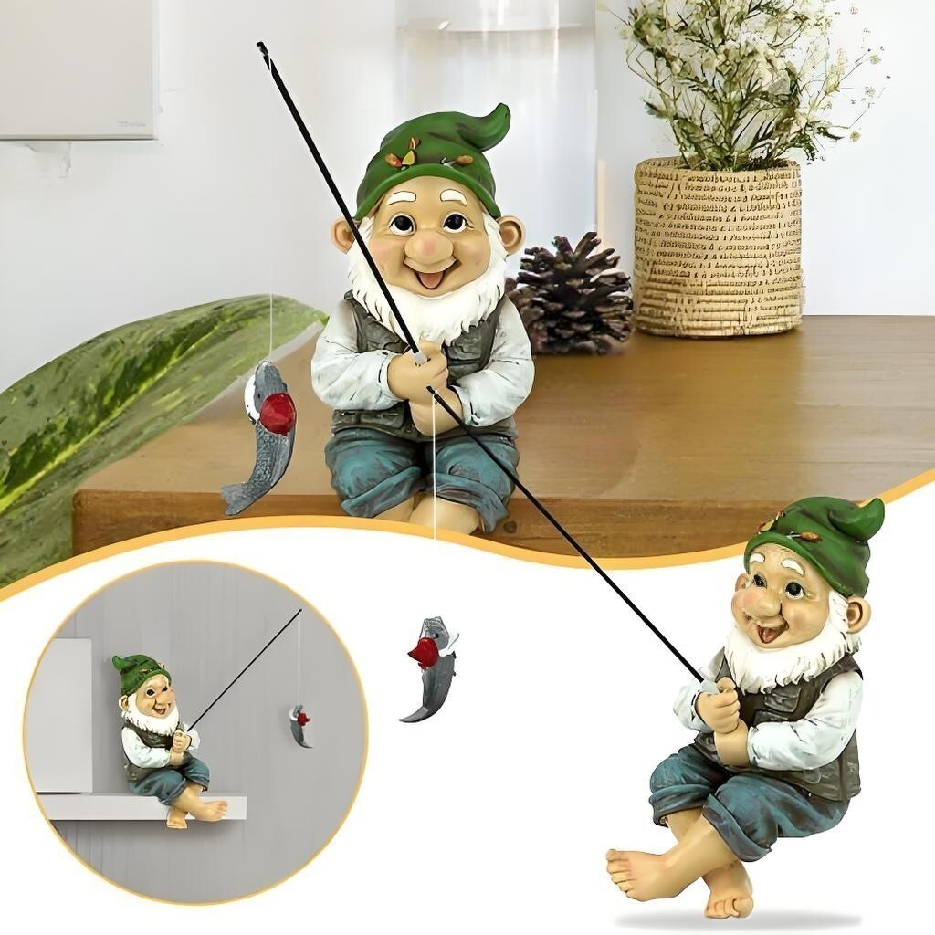 Garden Gnome Fishing Statue Resin Sitting Rod Fish Pond Decor Ornament
