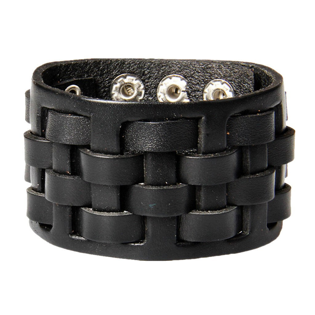 Punk Wide Black Braided Leather Mens Adjustable Bangle Bracelet Wristband