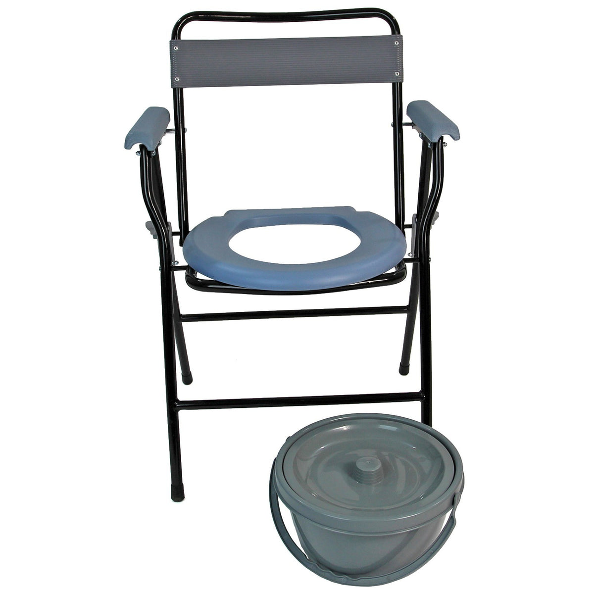 Portable Folding Steel Commode Chair Toilet 4 Litre Pail Safety Lock Design