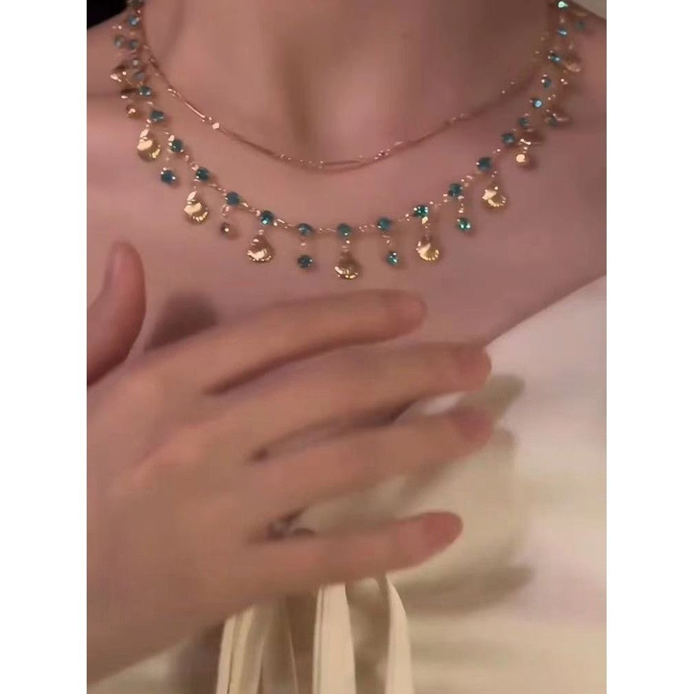 Sea Blue Zircon Necklace with Layered Tassel and Shell for Boho Fashion