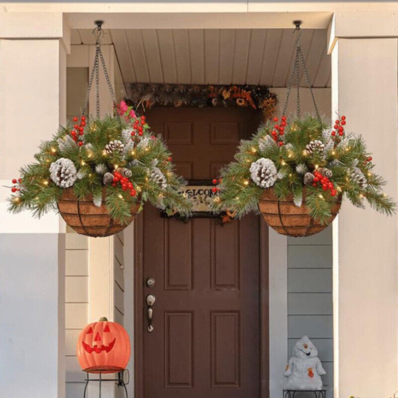 Christmas Artificial Flower Hanging Basket w/ LED Lights Xmas Garden Home Decor