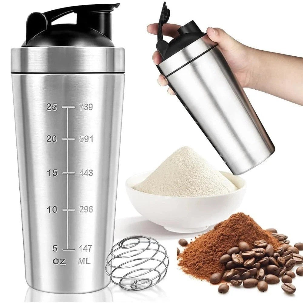 739ML Metal Protein Shaker Bottle Leakproof Sports Mixer Cup with Mixing Ball
