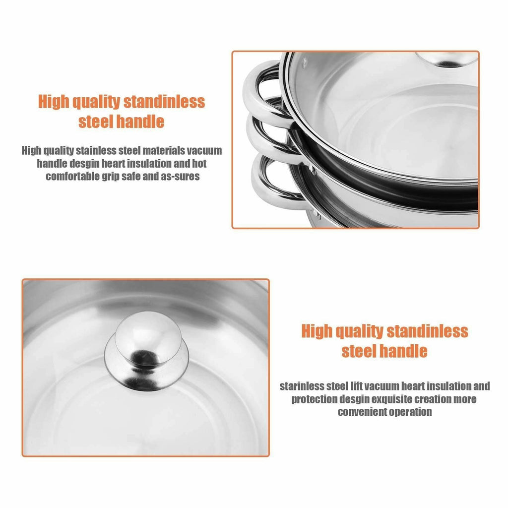3 Tier 28CM Stainless Steel Steamer Pot Set 3PC Cookware With Glass Lids