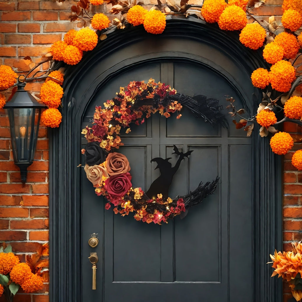 35cm Gothic Halloween Wreath - Witch Cat Moon Silhouette and Autumn Leaf Rose