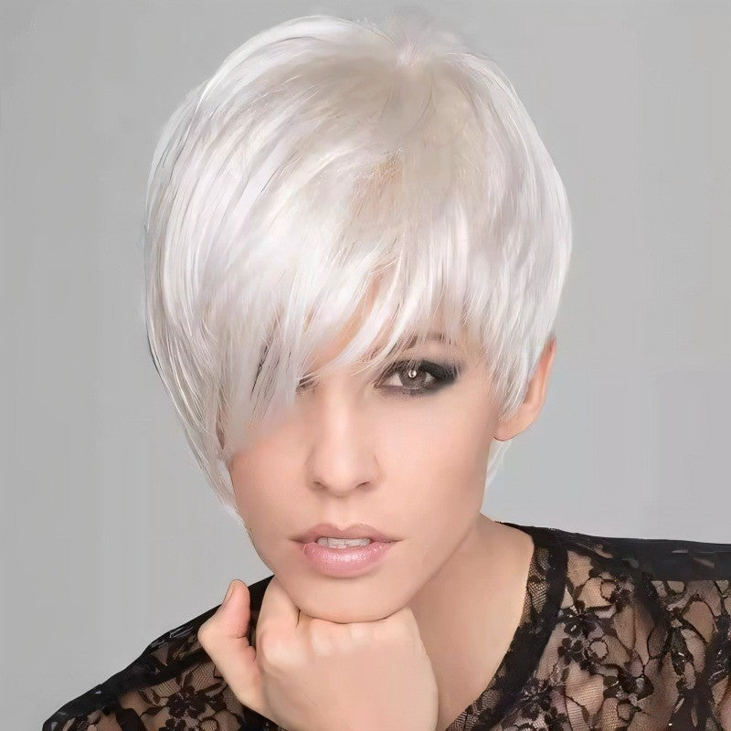Stylish Silver-white Side-parted Long-bang Short Straight Wig for Ladies