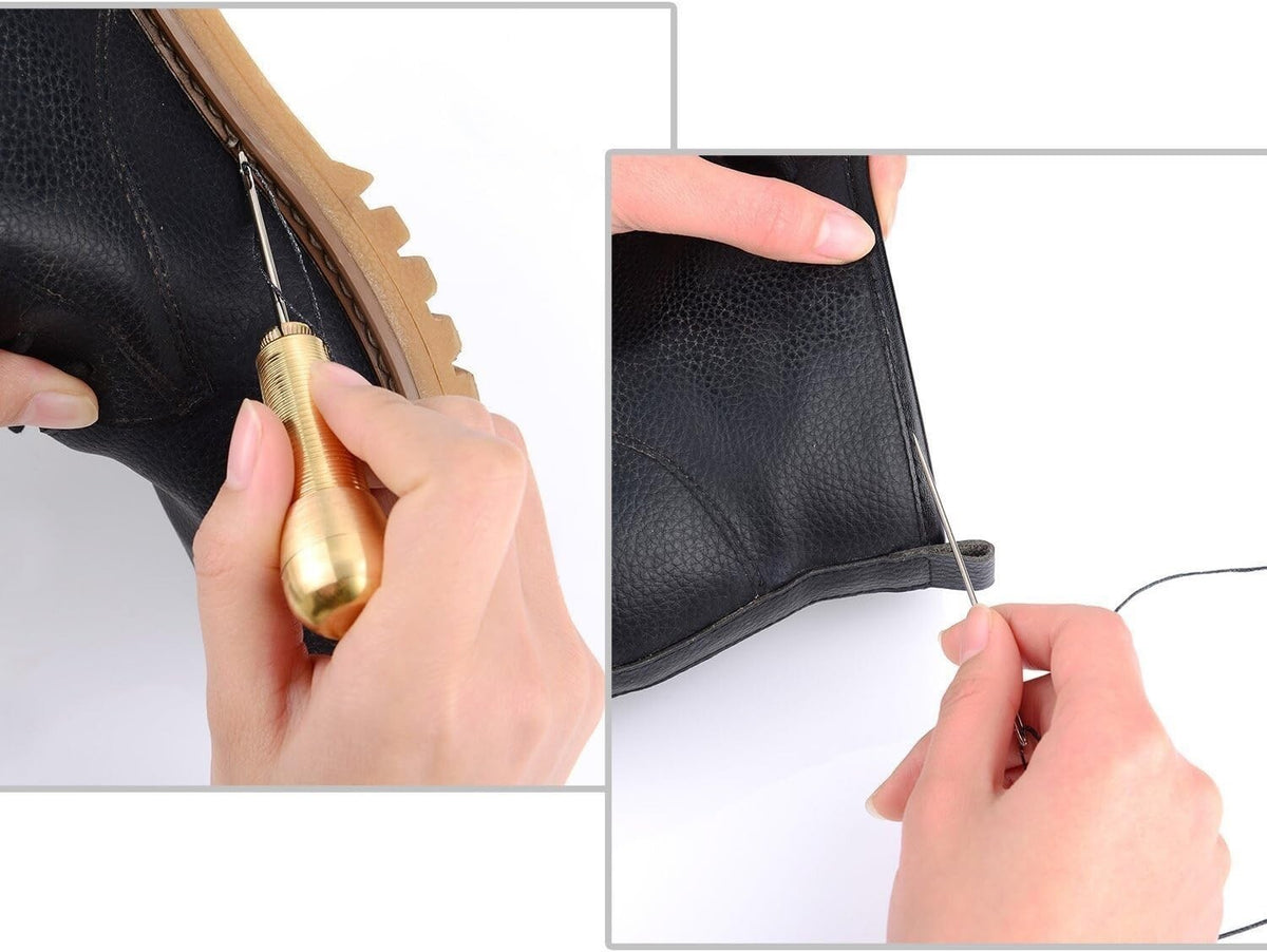 Copper Handle 3 Needles Sewing Awl Hand Stitcher Shoe Repair Tool Canvas Leather