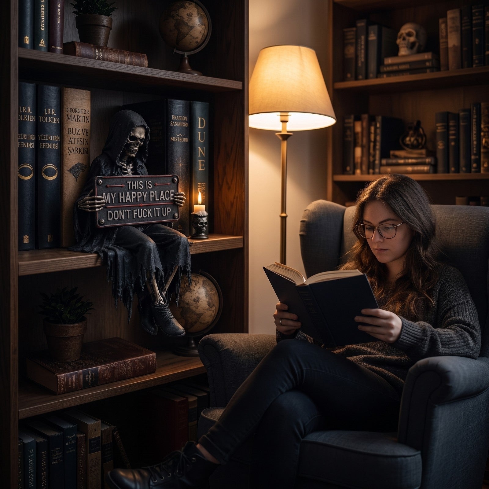 Skeleton Statue with Sign Tabletop Grim Reaper Statue Dark for Bookshelf, Goths