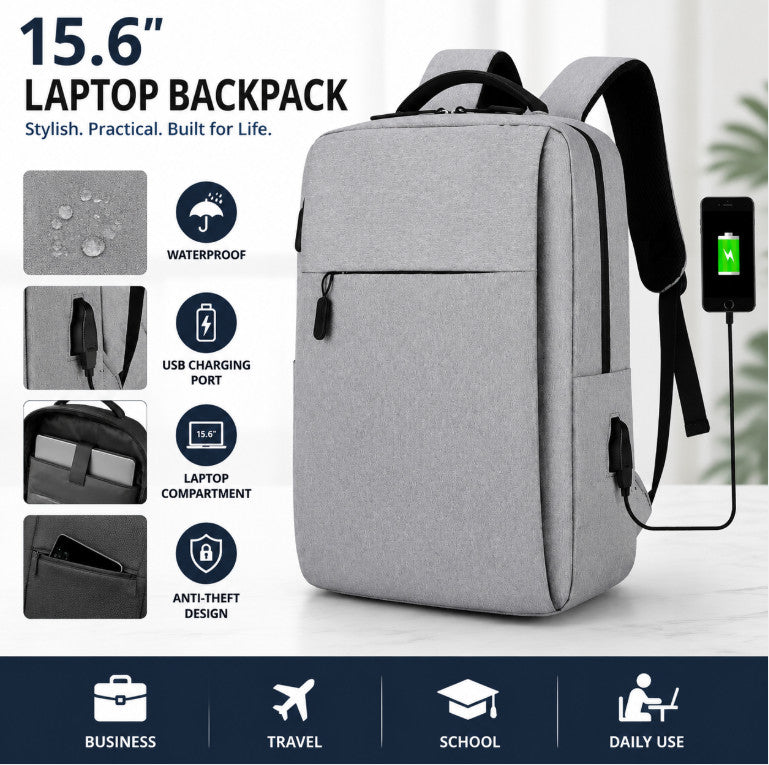 15.6" Laptop Backpack Waterproof USB Charging Port Business Travel School Bag