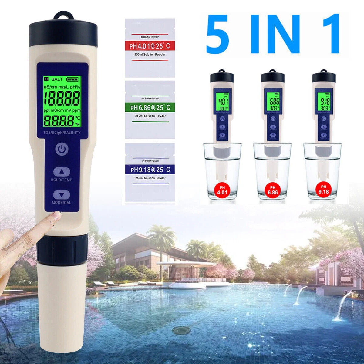 5in1 Water Quality Meter PH/TDS/Temp/EC/Salinity Meter High Accuracy Pen Tester