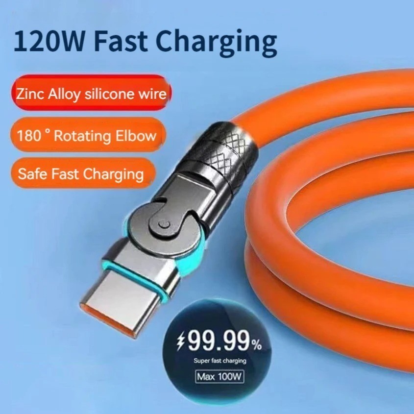120W USB C to USB C Cable 6A Super Fast Charging 180° Rotating Elbow Silicone 2M