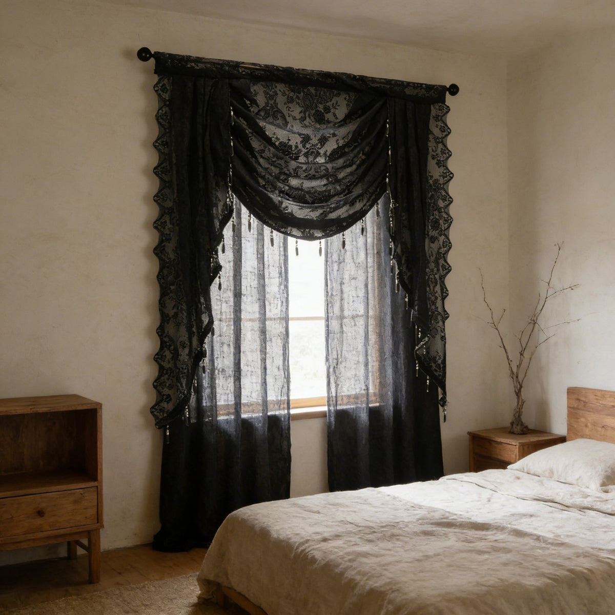 Swag for Windows Waterfall Valance Curtains Beaded Sheer Voile Drapes for Home