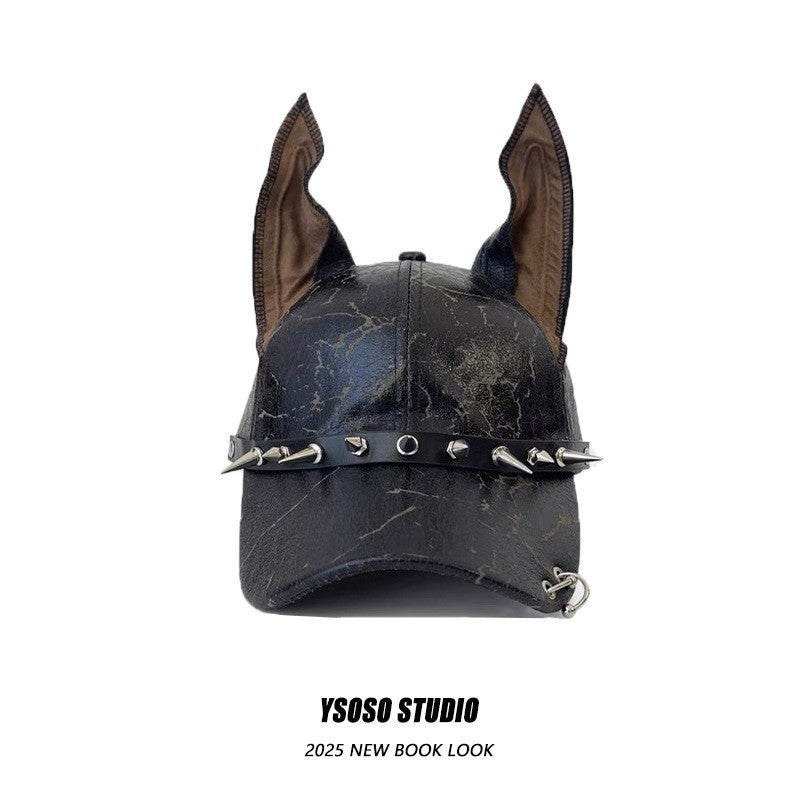 Leather Punk Rivet Baseball Cap – Y2K Doberman Ear Unisex Trendy Streetwear Hat