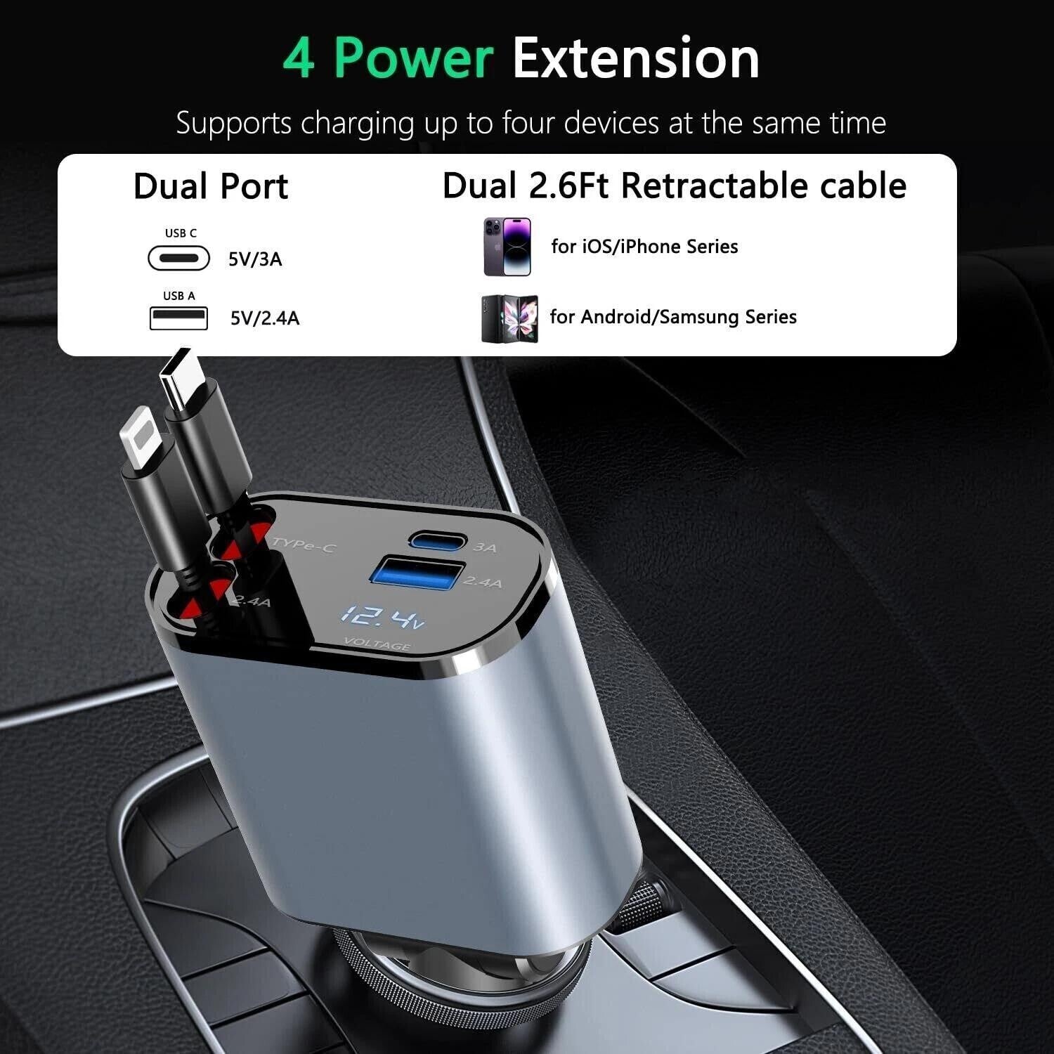 Retractable Car Charger 4IN1 120W USB Type C Cable For Phone Fast Charge Adapter
