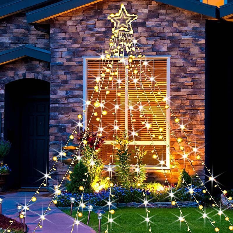 Outdoor Christmas Decor Plug in LED Star String Lights Waterfall Xmas Tree Light