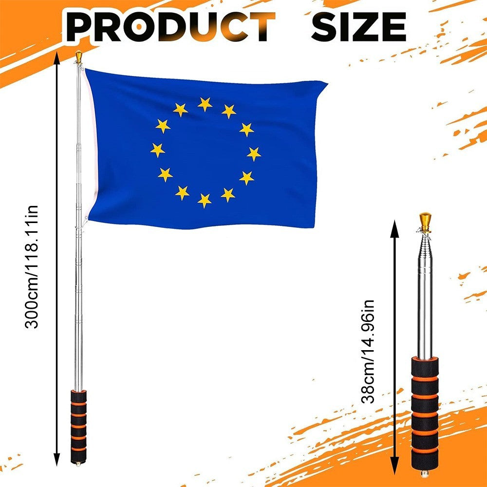 3m Telescopic Flag Pole Stainless Steel Handheld Portable Extendable Retractable